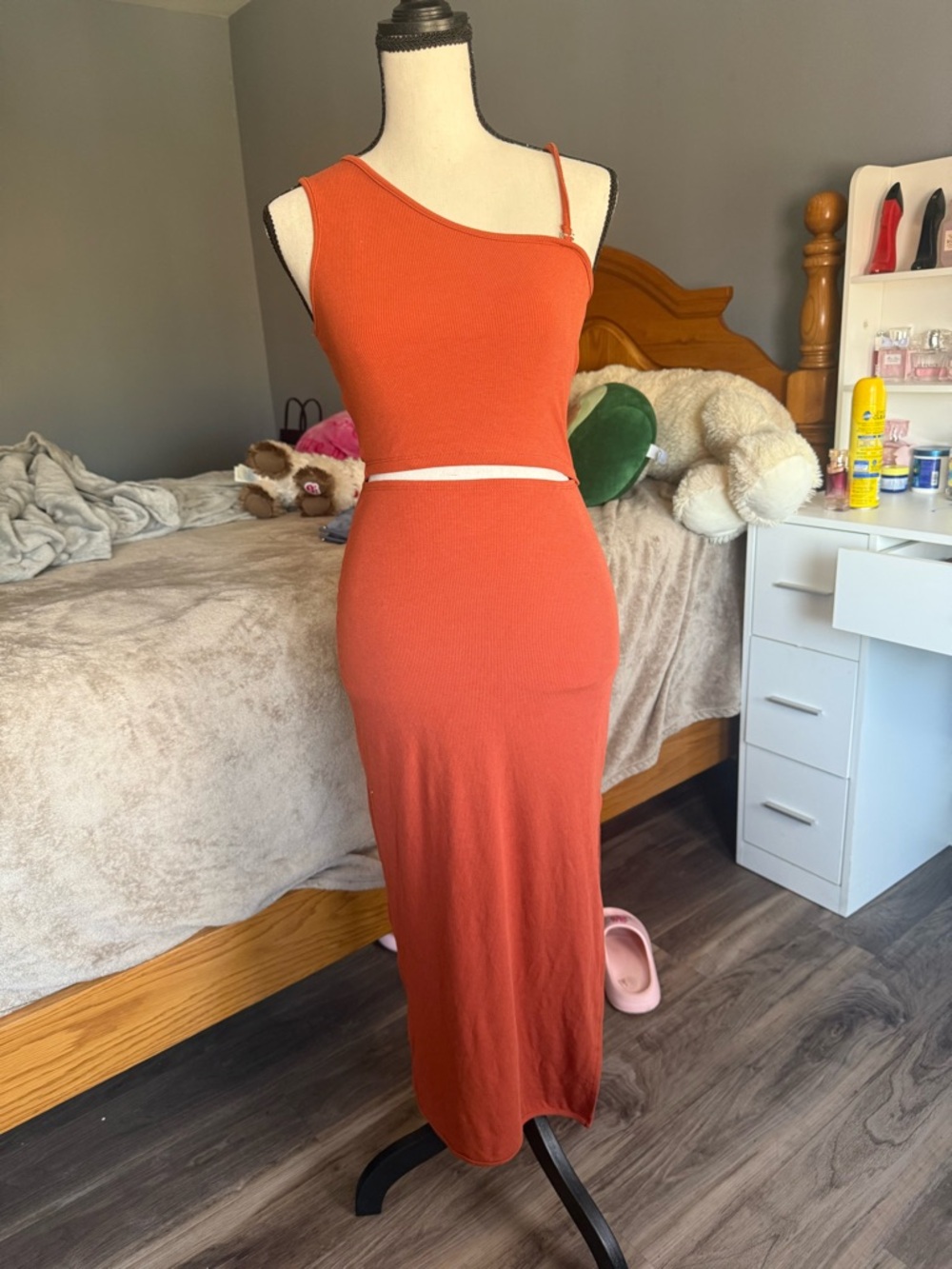 One-Shoulder Rust Orange Ribbed Maxi Dress
